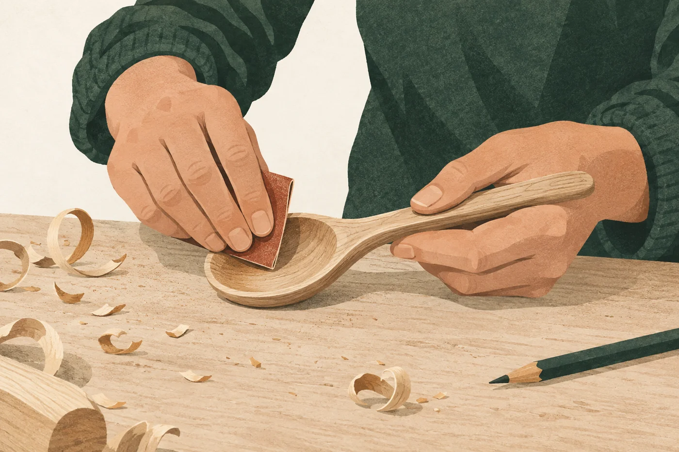 Handen schuren een houten lepel op een werkbank.