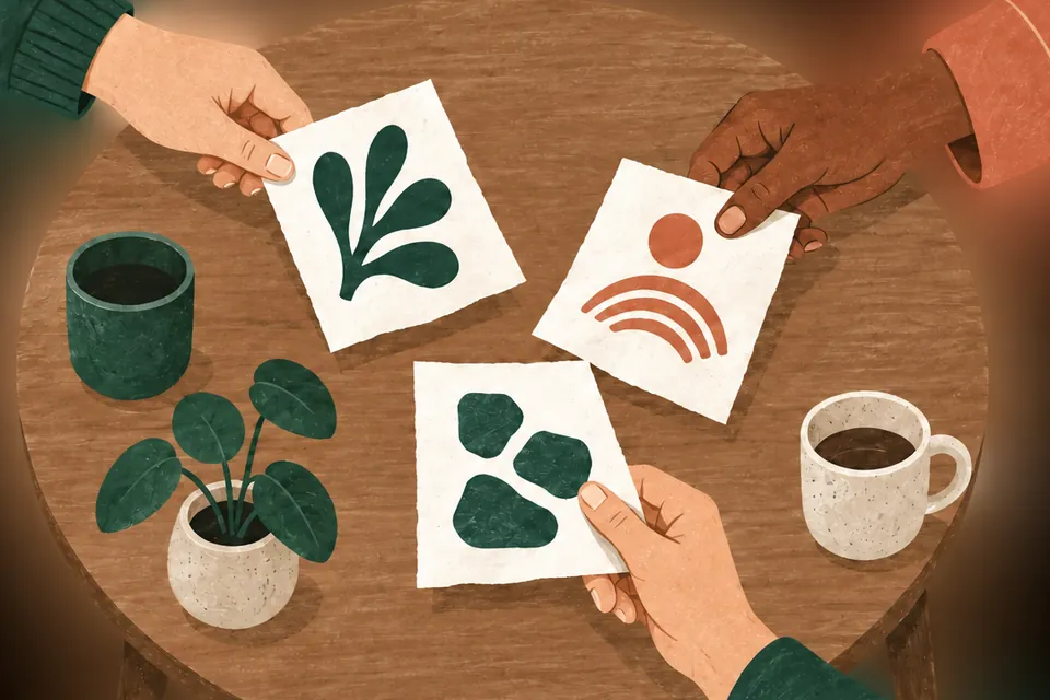Illustratie: drie mensen leggen verschillende vormen op een gedeelde tafel.